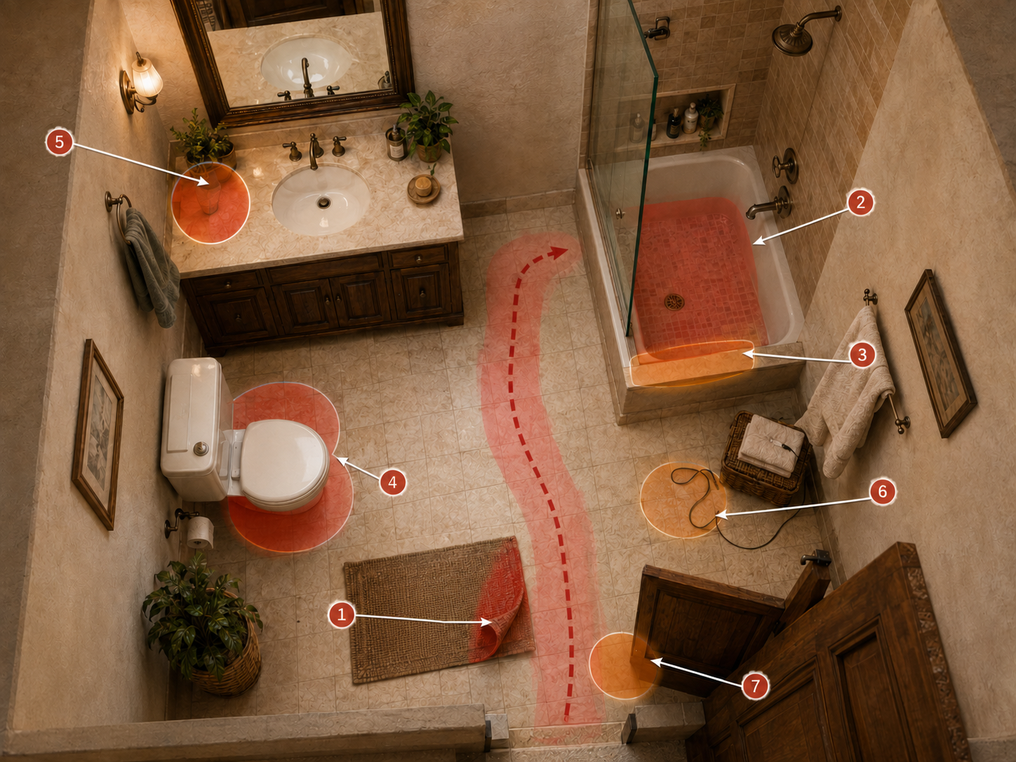 Annotated bathroom map showing common fall and access risk points