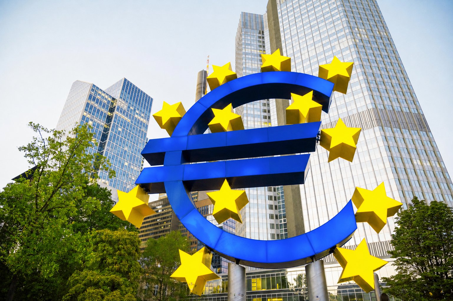 Euro sculpture in a European financial district representing grant support